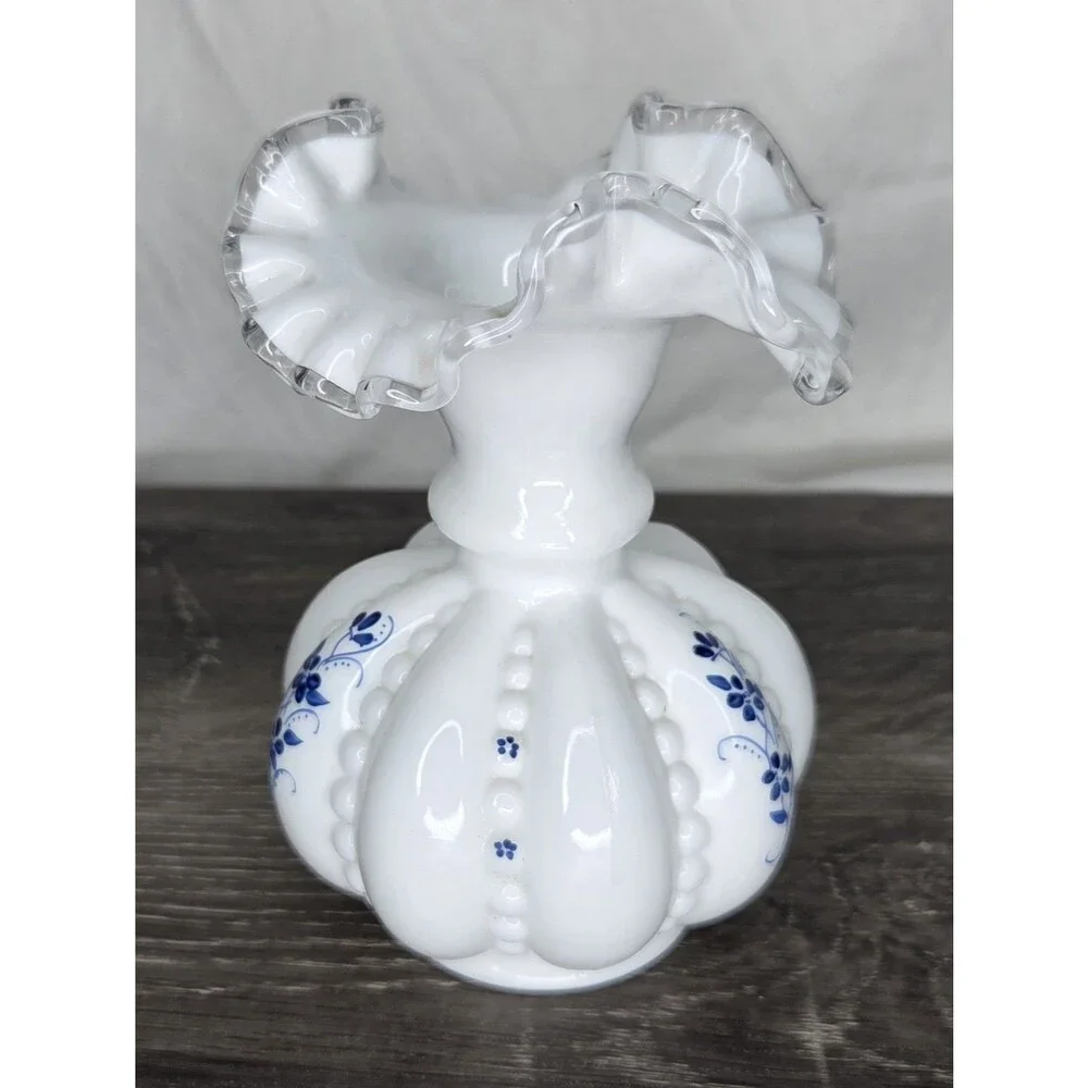Fenton Elizabeth Silver Crest Beaded Melon Vase Blue Flowers 6
